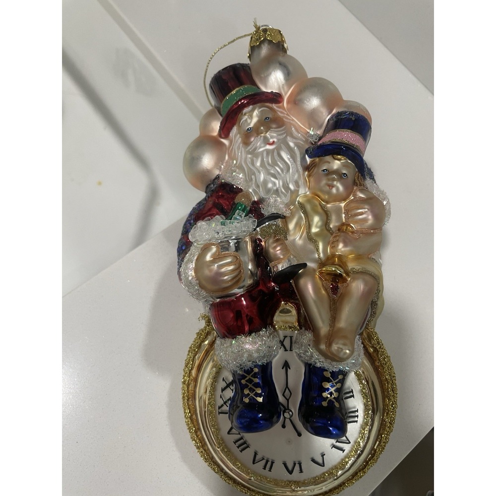Vintage European Blown Glass New Years Santa Ornament Glitter 8"‎ Christmas